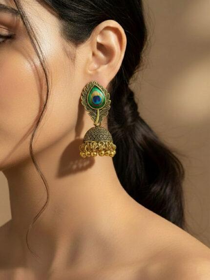Peacock Feather Golden Colour Oxidized Jhumki
